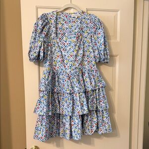 HUNTER BELL Light Blue Floral Tiered Puff-Sleeve Dress
